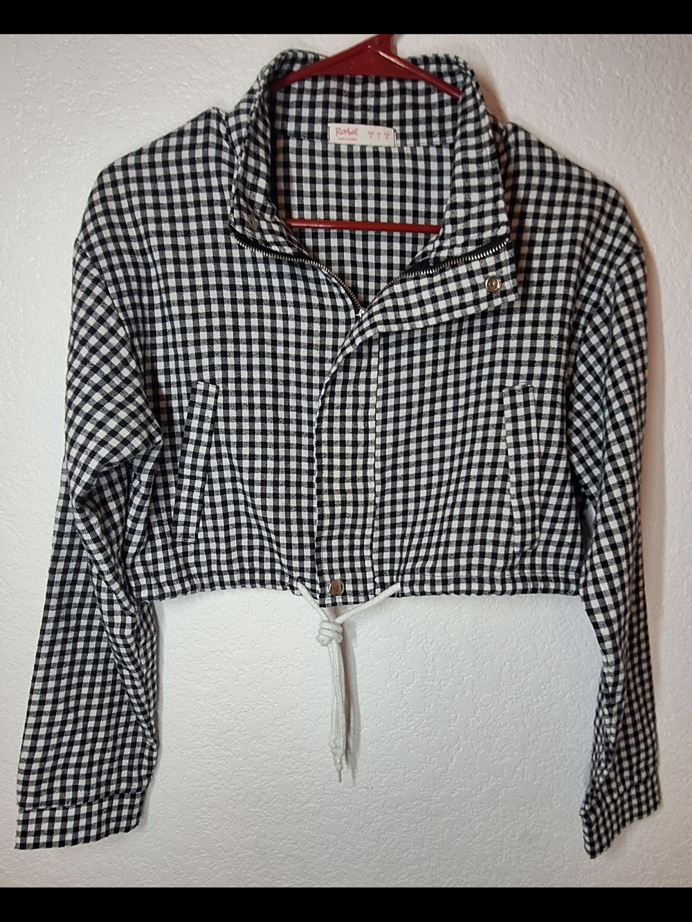 ROMWE Black & White Gingham Cropped Zip-Up Jacket Size Small